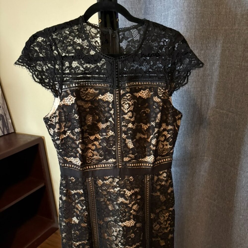 White House black market WHBM short sleeve fit and flare cocktail dress nude